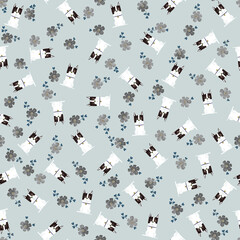 ボストンテリアとお花のシームレスなパターン。テキスタイル、壁紙、包装紙のデザイン。