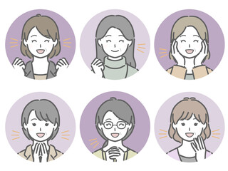 喜ぶ中年女性の丸アイコンセット