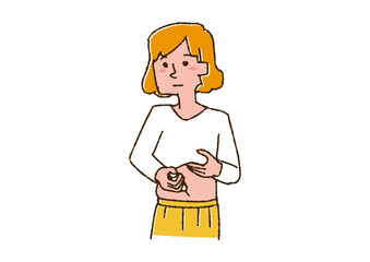 お腹にインスリン注射を打つ女性　コミカルな手書きの人物　ベクター、線画にカラー