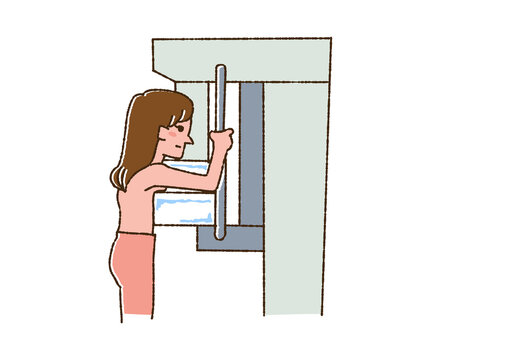 recommend clip art: マンモグラフィ検査を受ける女性　コミカルな手書きの人物　ベクター、線画にカラー
