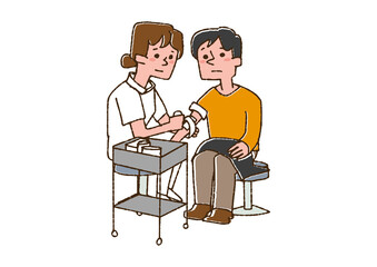 看護師から怪我の手当てを受ける男性　コミカルな手書きの人物　ベクター、線画にカラー