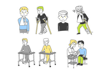 怪我に関する人物イラストセット　コミカルな手書きの人物　ベクター、線画にカラー