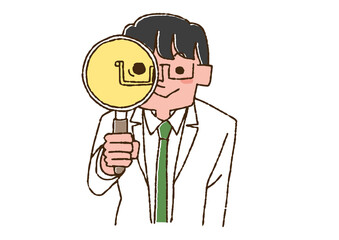 虫眼鏡でじっくり観察する医師　コミカルな手書きの人物　ベクター、線画にカラー