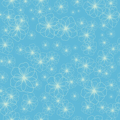Seamless pattern with abstract flowers. Contour illustration on a blue background. EPS10 vector.

