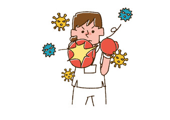 ウイルスを撃退する看護師　コミカルな手書きの人物　ベクター、線画にカラー