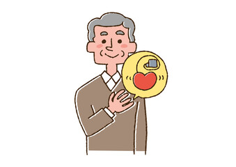ペースメーカーをつけている高齢男性　コミカルな手書きの人物　ベクター、線画にカラー