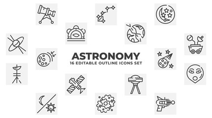 concept of 16 astronomy thin line icons such as big telescope, blue moon, destroyed planet, moonwalker, meteorite falling, alien, abduction, nebula, laser gun editable vector.