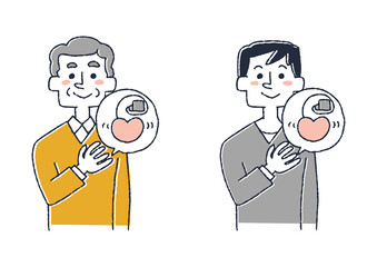 ペースメーカーをつけている男性のセット　コミカルな手書きの人物　ベクター、線画にカラー