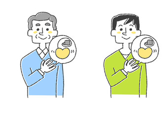 ペースメーカーをつけている男性のセット　コミカルな手書きの人物　ベクター、線画にカラー