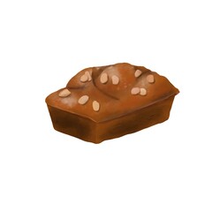 An illustration of baked banana bread loaf with slides of almond on top.