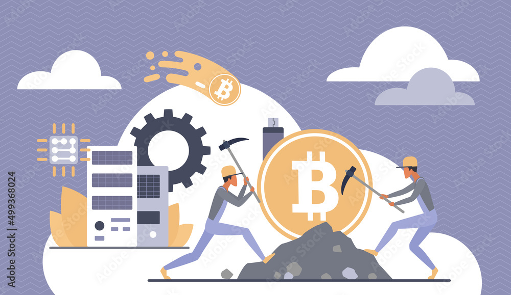 Poster crypto money, digital currency technology. tiny men miners mining bitcoin with pickaxes, data mining