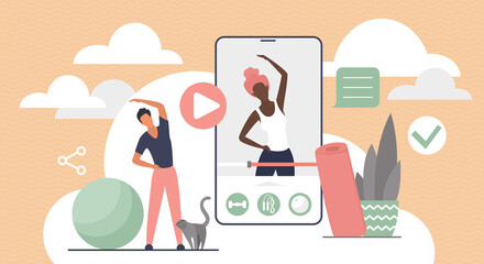 Virtual yoga or pilates workout, interactive sport training at home. Tiny athlete doing healthy physical exercise with video stream of instructor, fitness class mobile app flat vector illustration