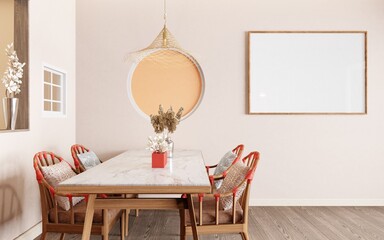 Home mock up frame, cozy modern cream tone dining room interior background, 3d render