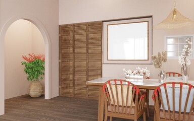 Fototapeta premium Mockup poster frame, cozy modern cream tone dining room interior background, 3d render