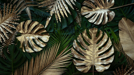 Creative nature gold and green background. tropical leaf banner or floral jungle pattern concept.