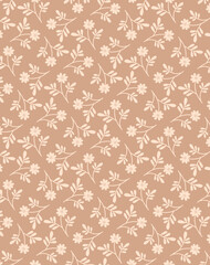 Fototapeta na wymiar Monochrome decorative floral pattern with small modest white flowers on a light brown background