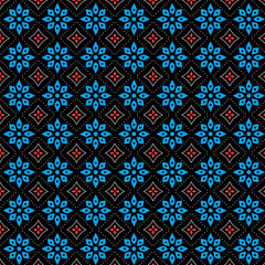 Bright abstract seamless pattern of fantasy geometric flowers and polka dots