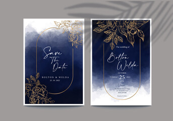 Dark blue wedding inviitation watercolor with outline gold floral