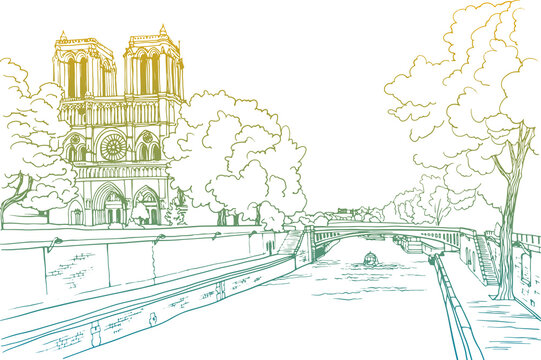 Nice view of old Paris, Notre Dame de Paris and river Seine. Paris, France. Hand drawn sketch. Line art. Ink drawing. Colorful vector background on white. For illustration and romantic Postcards.