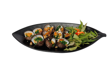 Grilled scallops with onions (Grilled Half – Crenate Ark With Spring Onion), delicious Thai street food