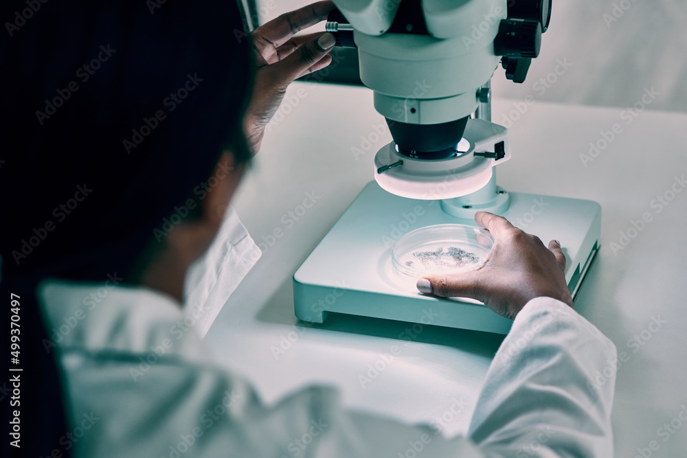 Poster Shell finally find out what lies in this sample. Cropped shot of an unrecognizable female scientist using a microscope while working in a laboratory.