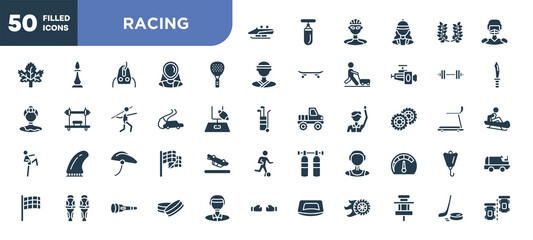 set of 50 filled racing icons. editable glyph icons collection such as bobsled, padel, drifting, bike helmet, waterpolo player, hockey puck, puck vector illustration.