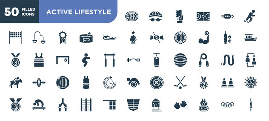 set of 50 filled active lifestyle icons. editable glyph icons collection such as hockey arena, soccer boots, squats, medicine ball, field hockey, trellis, rings vector illustration.