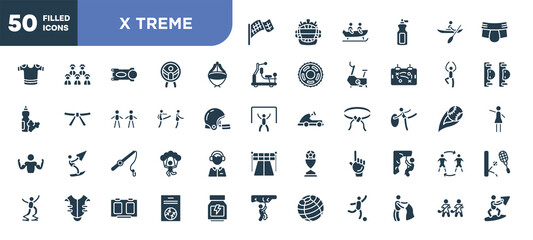 set of 50 filled x treme icons. editable glyph icons collection such as checkered flag, asian hat, disciple, fishing line, foam hand, baseball card, home team vector illustration.