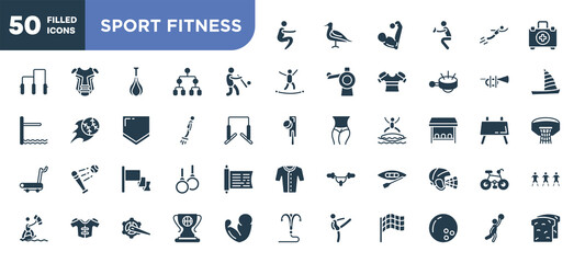 set of 50 filled sport fitness icons. editable glyph icons collection such as squat, batter, flyboard, red flag, canoeing, champ, team player vector illustration.