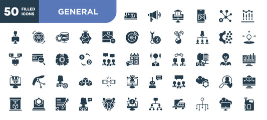set of 50 filled general icons. editable glyph icons collection such as digital product, add photos, crypto-exchange, impeachment, group opinion, hr manager, edge computing vector illustration.