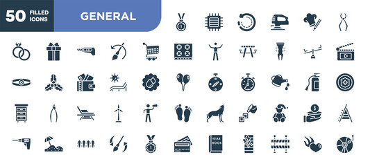 set of 50 filled general icons. editable glyph icons collection such as win, shopping trolley, deck chair under the sun, deckchair, live paint, history brush, heart in flames vector illustration.