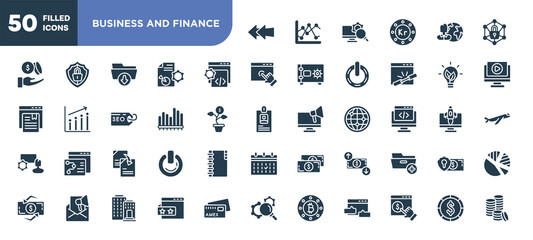 set of 50 filled business and finance icons. editable glyph icons collection such as two left arrows, custom coding, seven bars chart, duplicate content, dollar rates, rating stars, big dollar coin