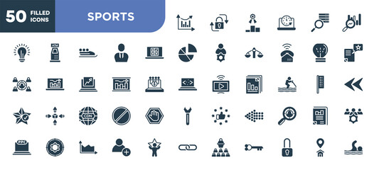 set of 50 filled sports icons. editable glyph icons collection such as analytic chart, online voting, graphical report, cdn, left dots arrow, hire, home address vector illustration.