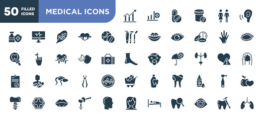 set of 50 filled medical icons icons. editable glyph icons collection such as increasing bargraph, medicines time, 24 hours medical assistance, sperms, dental caries, male and female gender, tooth