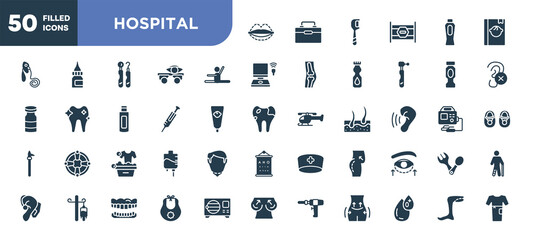 set of 50 filled hospital icons. editable glyph icons collection such as sil, stretch, syringe needle, washing clothes, butt, baby bib, legs vector illustration.