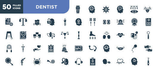 set of 50 filled dentist icons. editable glyph icons collection such as belly, splint, music therapy, medical care, peace of mind, medical tape, emotions vector illustration.