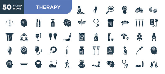 set of 50 filled therapy icons. editable glyph icons collection such as broken leg, psychologist, incisor, iv bag, medical records, stationary bike, lozenge vector illustration.