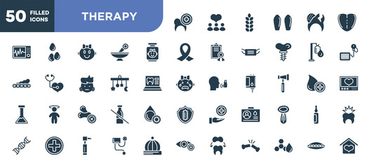 set of 50 filled therapy icons. editable glyph icons collection such as dental care, baby food, crib mobile, allergenic, blood donor card, blood pressure meter, soya vector illustration.