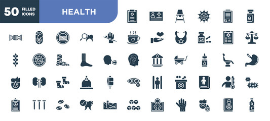 set of 50 filled health icons. editable glyph icons collection such as medical prescription, latex, urticaria, baby socks, medicine box, healthy tooth, handbook vector illustration.