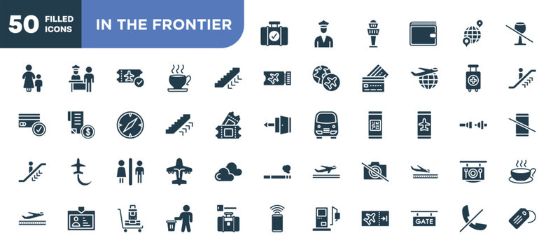 set of 50 filled in the frontier icons. editable glyph icons collection such as luggage checking, ors down, ors up, male and female toilet, no photography, use bin, phones not allowed vector
