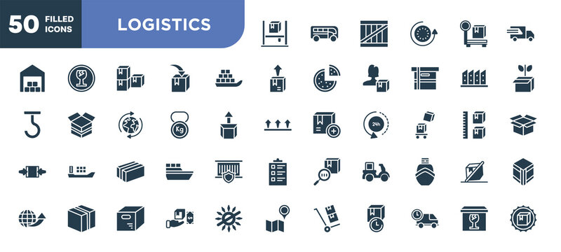 set of 50 filled logistics icons. editable glyph icons collection such as asrs, sea ship with containers, weight tool, cardboard box with packing tape, delivery courier, cash on delivery, cardboard