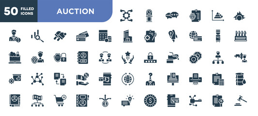 set of 50 filled auction icons. editable glyph icons collection such as possibility, budgeting, personal profile, distributed ledger, online payment, contact book, confirmation vector illustration.