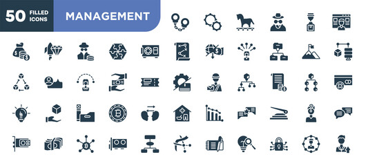 set of 50 filled management icons. editable glyph icons collection such as criminal, safety box, crowdfunding, folders, good communication, video card, affiliate vector illustration.