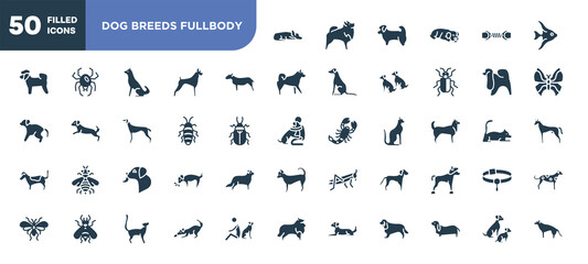 set of 50 filled dog breeds fullbody icons. editable glyph icons collection such as sad dog, bullterrier, madagascan, dog licking, springer spaniel, dogs playing, and doggie vector illustration.