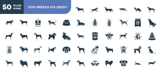Naklejka premium set of 50 filled dog breeds fullbody icons. editable glyph icons collection such as mastiff, pet dish, bichon frise, saluki, newfoundland, afghan hound, border collie vector illustration.