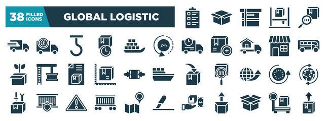 global logistic glyph icons set. editable filled icons such as packing list, fast transport, 24 hours delivery, buses, clamp as indicated, 24 hours, cargo train, delivery package opened vector
