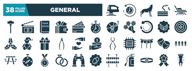 general glyph icons set. editable filled icons such as fretsaw, sledgehammer, analog stopwatch, insurance with a button, heart between hands, nuts, interlocking rings, head mirror vector