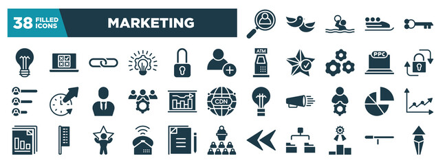 marketing glyph icons set. editable filled icons such as hiring, lightbulb with bolt, hire, lock, graphical report, diagrams, ringing, competitive vector illustration