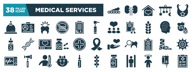 medical services glyph icons set. editable filled icons such as soy, cupping, otoscope, sleep deprivation, red cross, cast, baby girl, dizzy vector illustration
