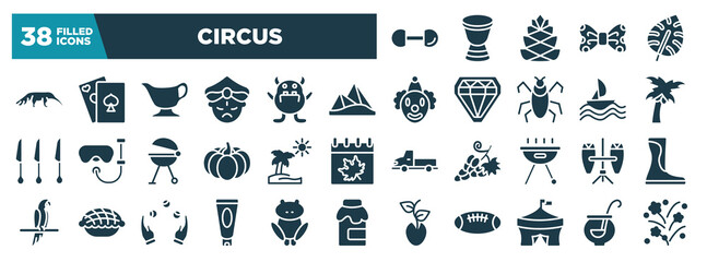 circus glyph icons set. editable filled icons such as dumbbell, anteater, pyramids, coconut tree, pictures, conga, sun lotion, circus vector illustration